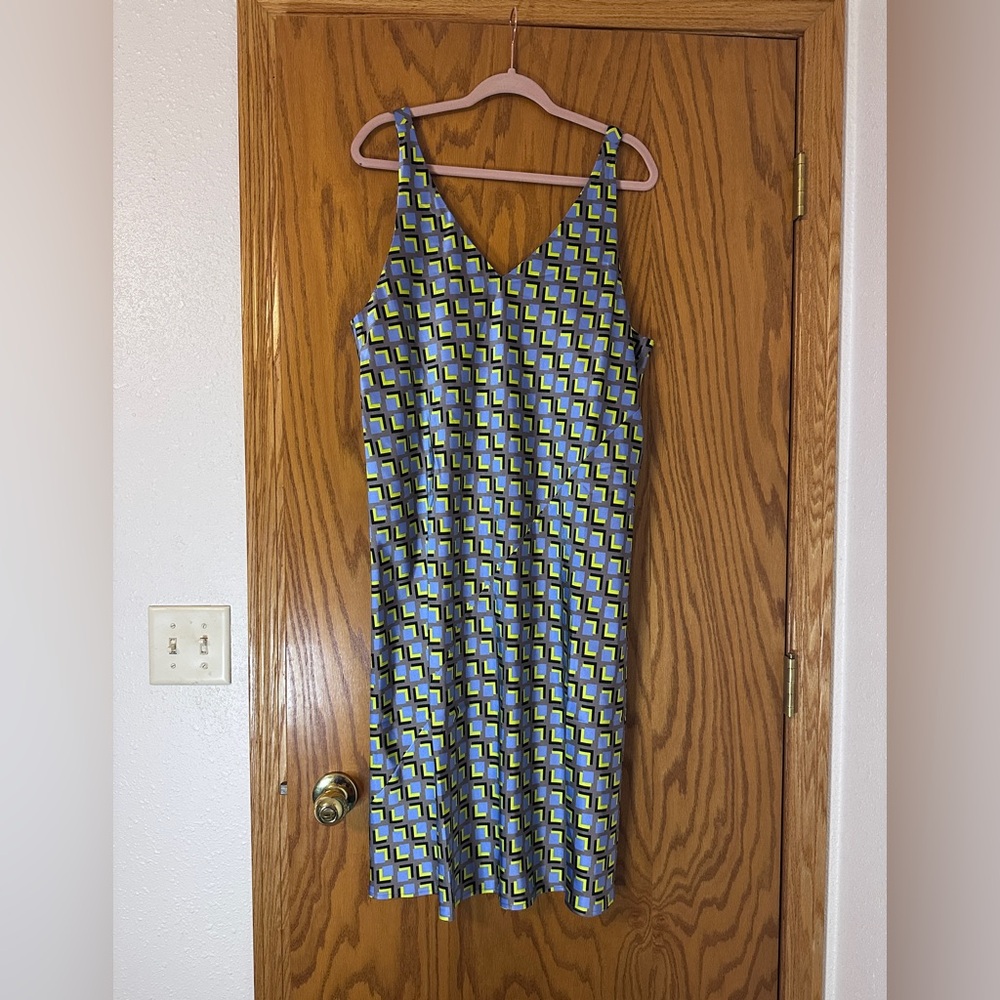 Wildfang The Empower Satin Slip Dress - Blue & Yellow Midi - NWT - Size L